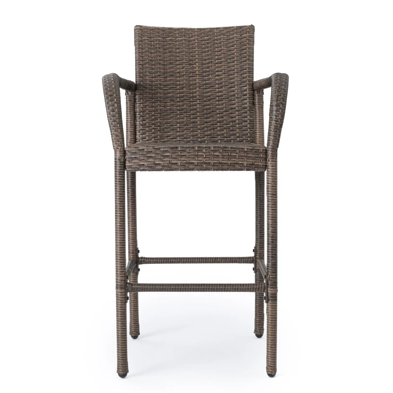 Outdoor Wicker Barstools Set of 2, Faux Rattan with Metal Frame, Weather Resistant, 24.8" L x 24.35" W x 46.5" H, Brown