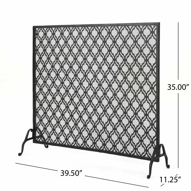 Modern Single Panel Iron Fireplace Screen with Durable Iron Frame, Rustproof Solid Free Standing Fire, 39.5" L x 11.25" W x 35" H, Black