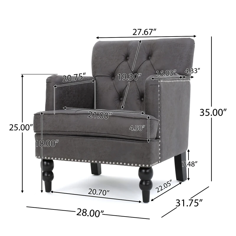 Modern Accent Tufted Club Chair with Rivet Design and Birch Wood Legs, Button Tufted Diamond Stitch, 28" L x 31.75" W x 35" H, Slate