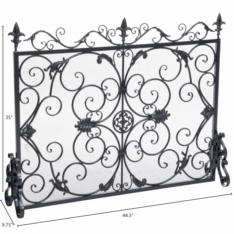 Traditional Fireplace Screen with Victorian Inspired Design, Wrought Iron with Ornate Detailing, 44.5" L x 9.75" W x 35" H, Black+Silver