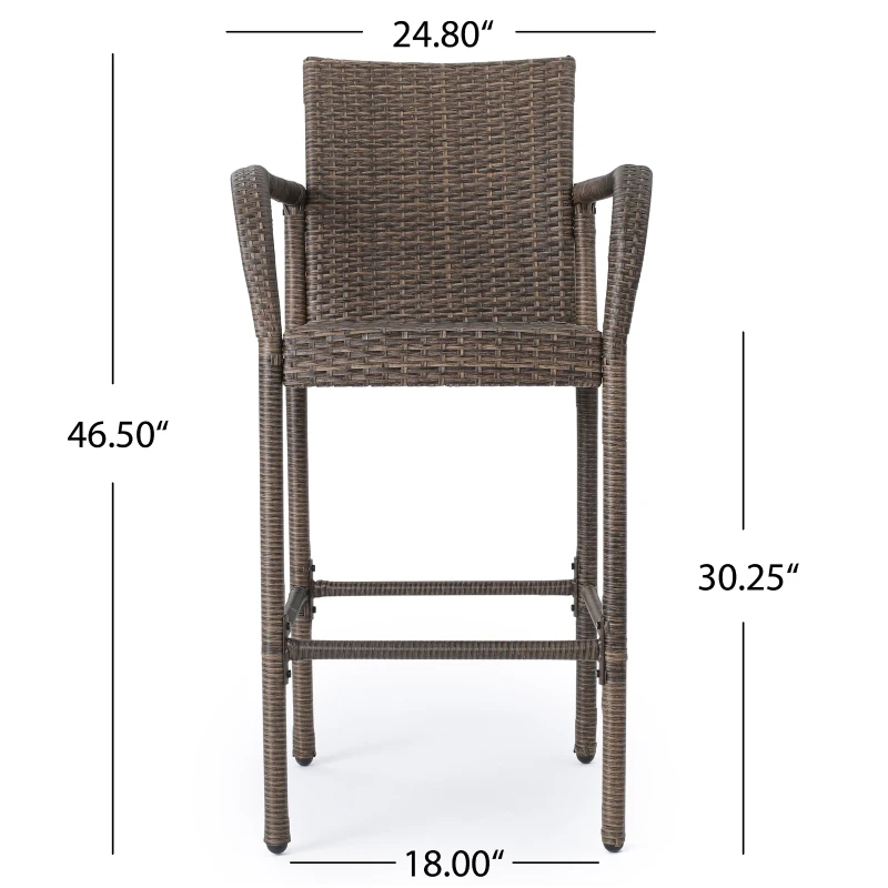 Outdoor Wicker Barstools Set of 2, Faux Rattan with Metal Frame, Weather Resistant, 24.8" L x 24.35" W x 46.5" H, Brown
