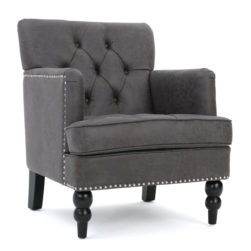 Modern Accent Tufted Club Chair with Rivet Design and Birch Wood Legs, Button Tufted Diamond Stitch, 28" L x 31.75" W x 35" H, Slate