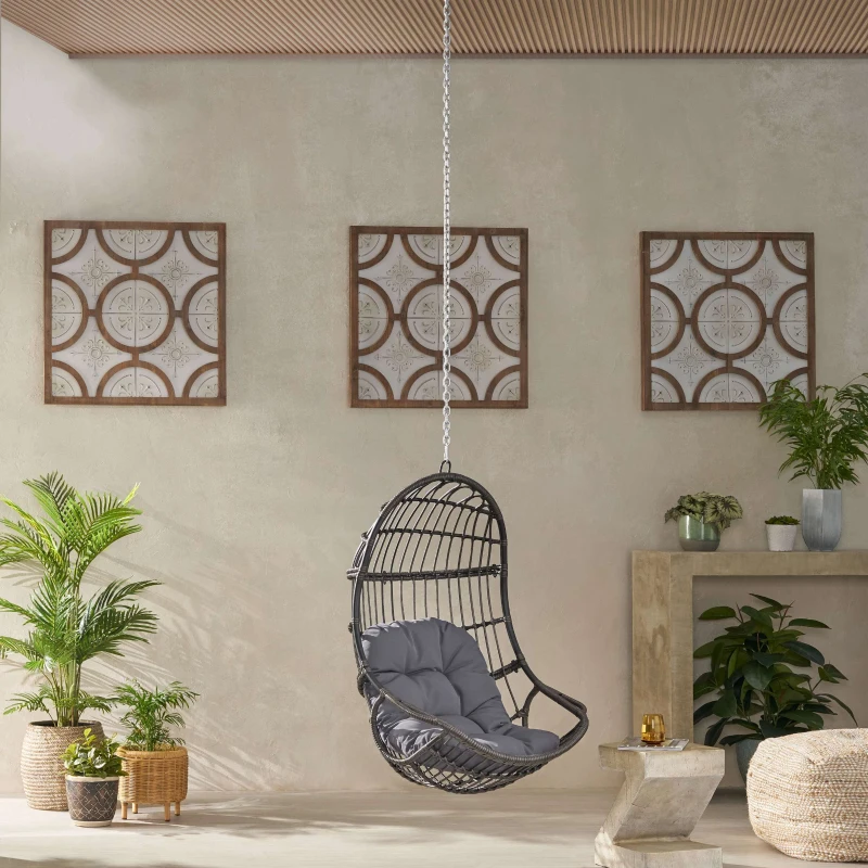 Outdoor/Indoor Wicker Swing Hanging Chair with 8ft Chain, Water-Resistant Cushions, Faux Rattan, 300 lbs Capacity, 30" L x 31.5" W x 44.5" H, Gray