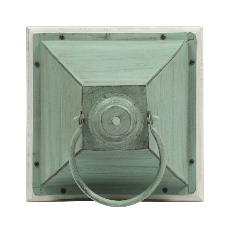 Handcrafted Mango Wood Decorative Lantern with Tempered Glass Panels, Coastal Finish, and Iron Handle, 10.25" L x 10.25" W x 24.5" H, White+Green