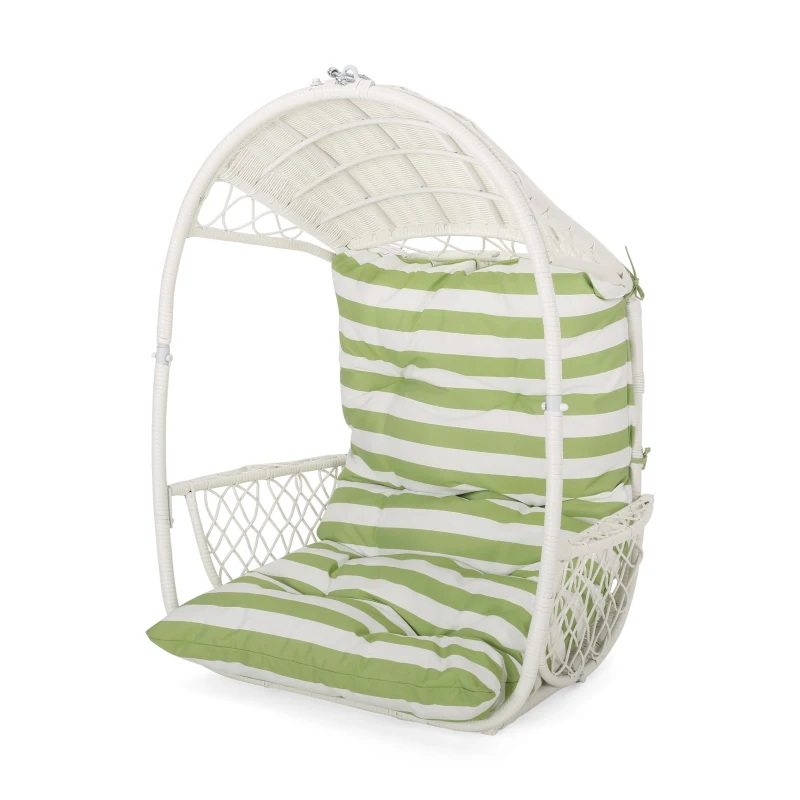 Outdoor/Indoor Wicker Hanging Chair with Water-Resistant Cushions and Faux Rattan, Professional Installation Required, 34.5" L x 25" W x 46.25" H, White+Green