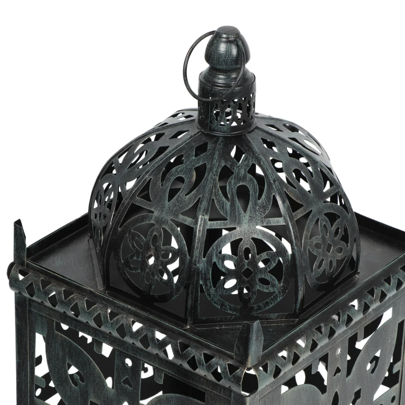 Large Indian Style Lantern with Green Patina and Black Finish, Hand-Crafted Iron, 8.25" L x 8.25" W x 23.25" H, Black