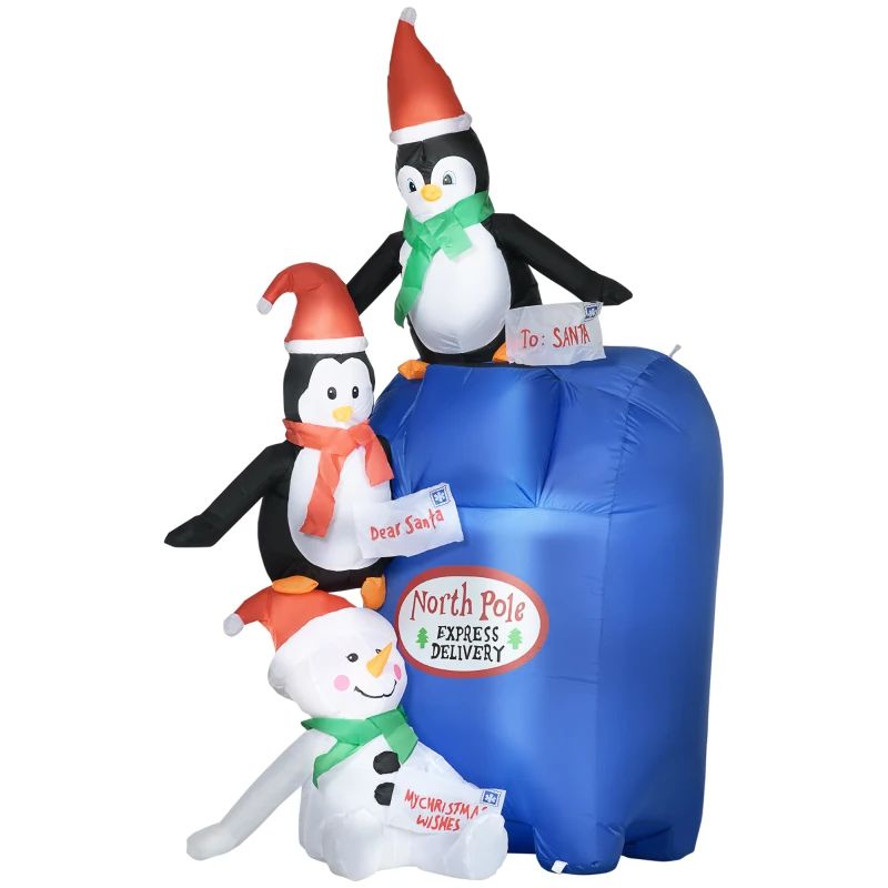HOMCOM 6ft Christmas Inflatables Outdoor Decorations North Pole Mailbox with Penguins and Snowman, Blow-Up Yard Christmas Decor with LED Lights Display