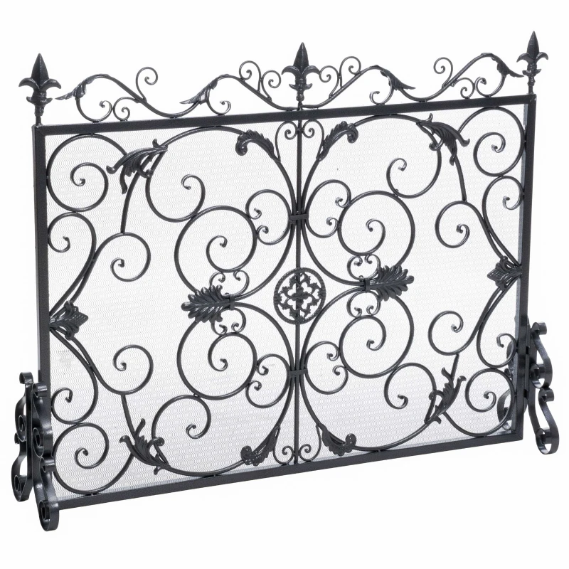 Traditional Fireplace Screen with Victorian Inspired Design, Wrought Iron with Ornate Detailing, 44.5" L x 9.75" W x 35" H, Black+Silver