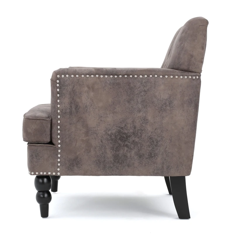 Modern Accent Tufted Club Chair with Rivet Design and Birch Wood Legs, Button Tufted Diamond Stitch, 28" L x 31.75" W x 35" H, Gray+Brown