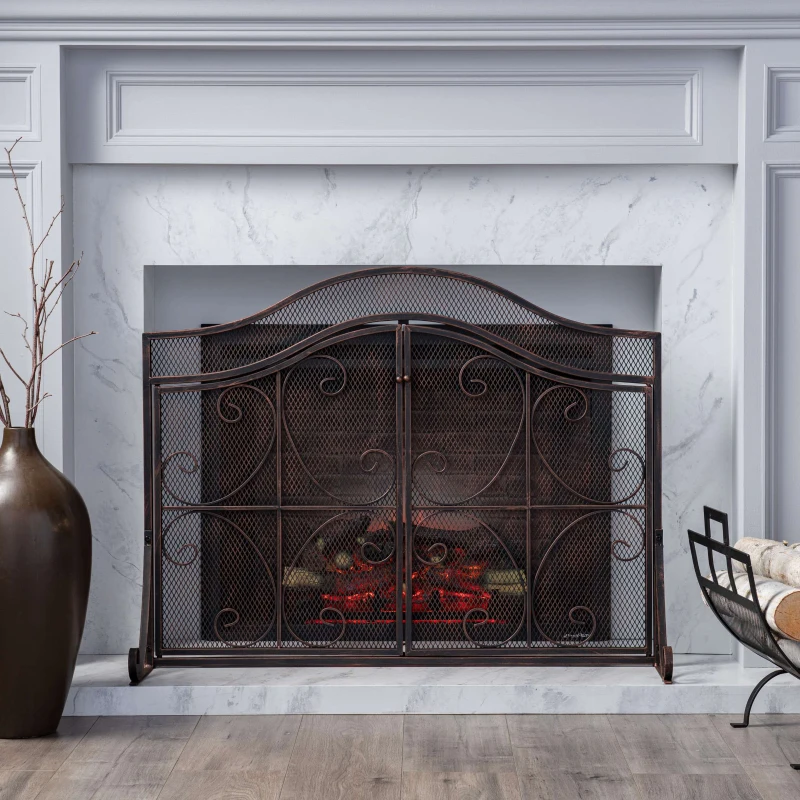 Modern Iron Fire Screen with Single Panel Design and Fine Mesh, Geometric Pattern, and Easy Assembly, 41" L x 9.75" W x 31.75" H, Black