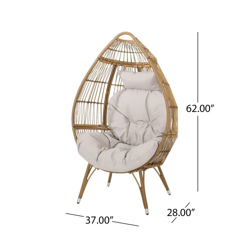 Outdoor Teardrop Wicker Patio Chair with Water-Resistant Cushions, Hand-Crafted Faux Rattan, 37" L x 28" W x 62" H, Natural