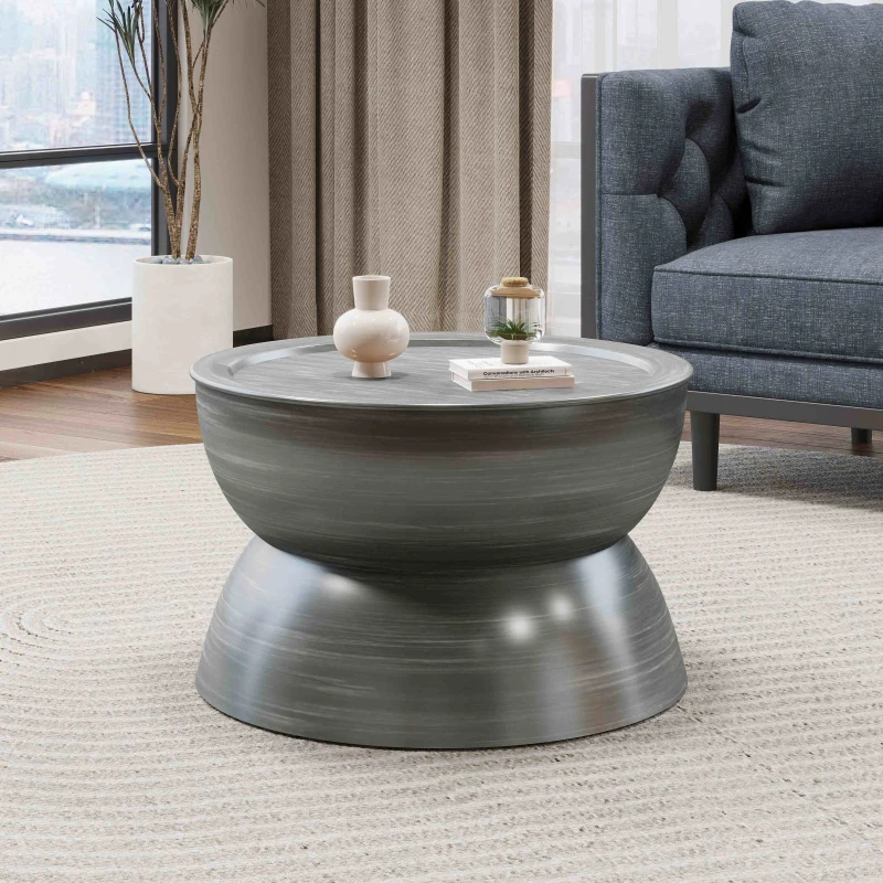 Modern Stunning Hourglass Coffee Table with Iron Frame, No Assembly Required, 24.5" L x 24.5" W x 15.25" H, Antique Silver