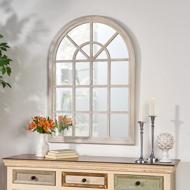 Traditional Arched Windowpane Mirror, Handcrafted Mango Wood Frame, Ready to Hang, 31" L x 1.25" W x 44" H, White
