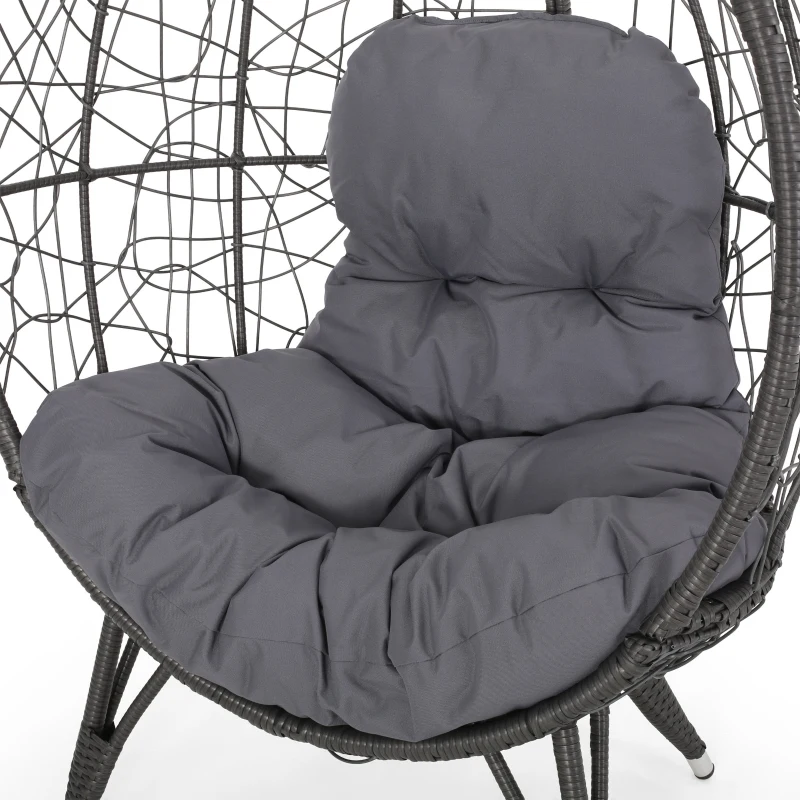 Outdoor Wicker Teardrop Chair with Water-Resistant Cushions, Faux Rattan Iron Frame, Handcrafted Detailing, 38.5" L x 30.75" W x 57.25" H, Gray