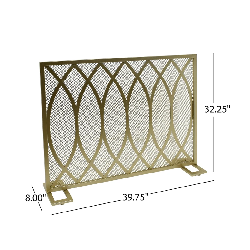 Modern Iron Fire Screen with Single Panel Design and Fine Mesh, Geometric Pattern, and Easy Assembly, 39.75" L x 8" W x 32.25" H, Gold