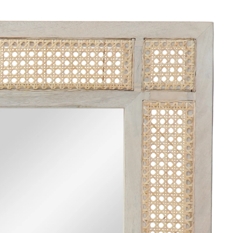 Modern Accent Rectangle Wall Mirror with Mango Wood Frame, Handcrafted Wicker Cane Border, 26.75" L x 1" W x 35.5" H, Natural