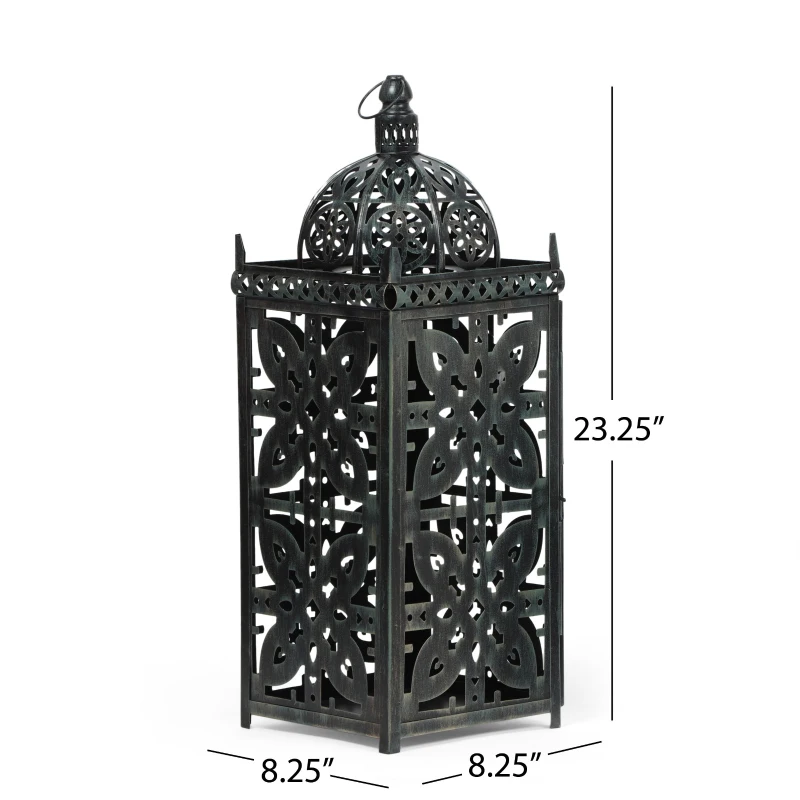 Large Indian Style Lantern with Green Patina and Black Finish, Hand-Crafted Iron, 8.25" L x 8.25" W x 23.25" H, Black