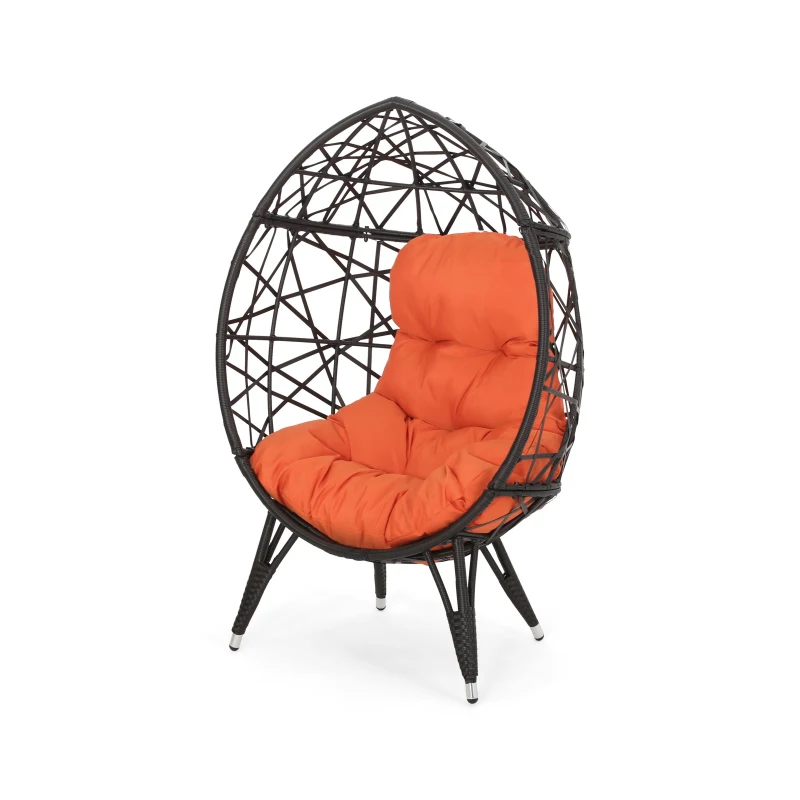 Vinsetto Indoor Teardrop Wicker Patio Chair with Water-Resistant Cushions, Durable Metal Frame, 38.5" L x 29.5" W x 58" H, Brown+Orange