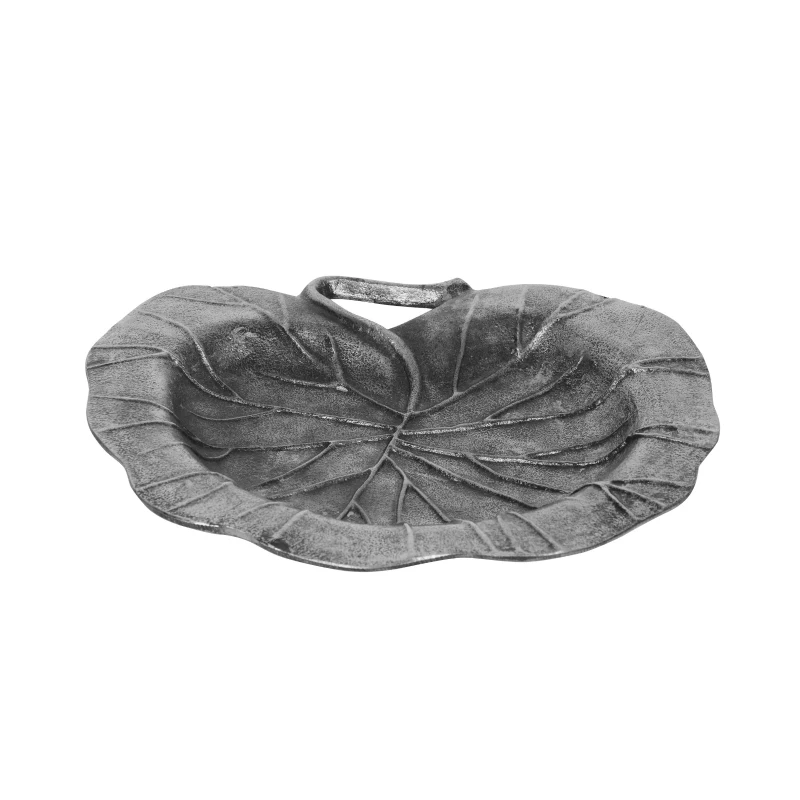 Mid Century Aluminum Decorative Leaf Plate, Handmade Design, Antique Nickel Finish, 12" x 11" x 1", Gray