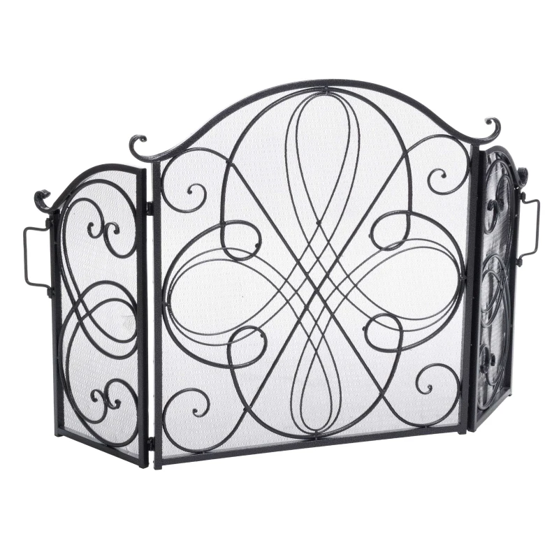 Retro style Fireplace Screen with Ornate Wrought Iron Design, Foldable Three-Panel Structure, 55.75" L x 1.75" W x 32.25" H, Black+Silver