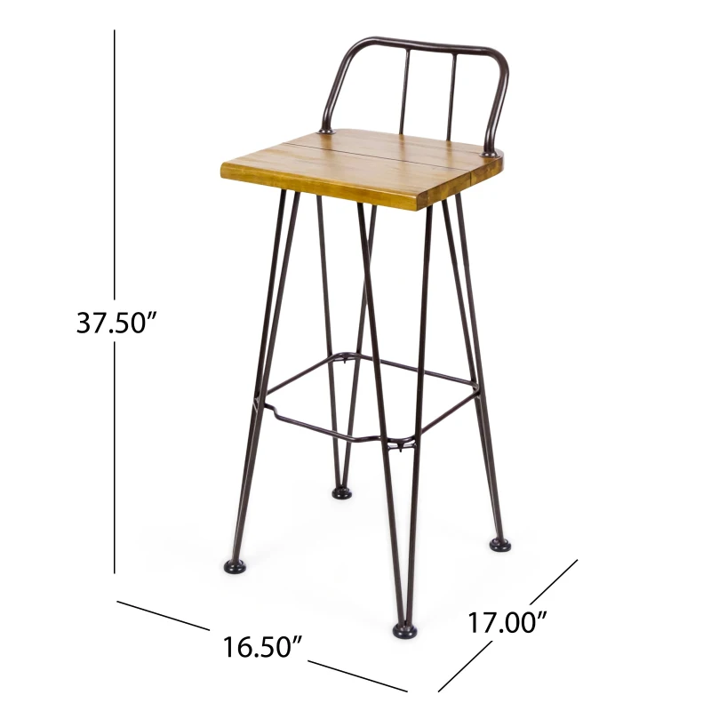 Industrial Wood and Metal Barstool Set of 2 with Powder-Coated Iron Frame, Acacia Wood Seat, and Built-In Footrest, Accent Outdoor Patio Seating, 16.5" L x 17" W x 37.5" H, Brown