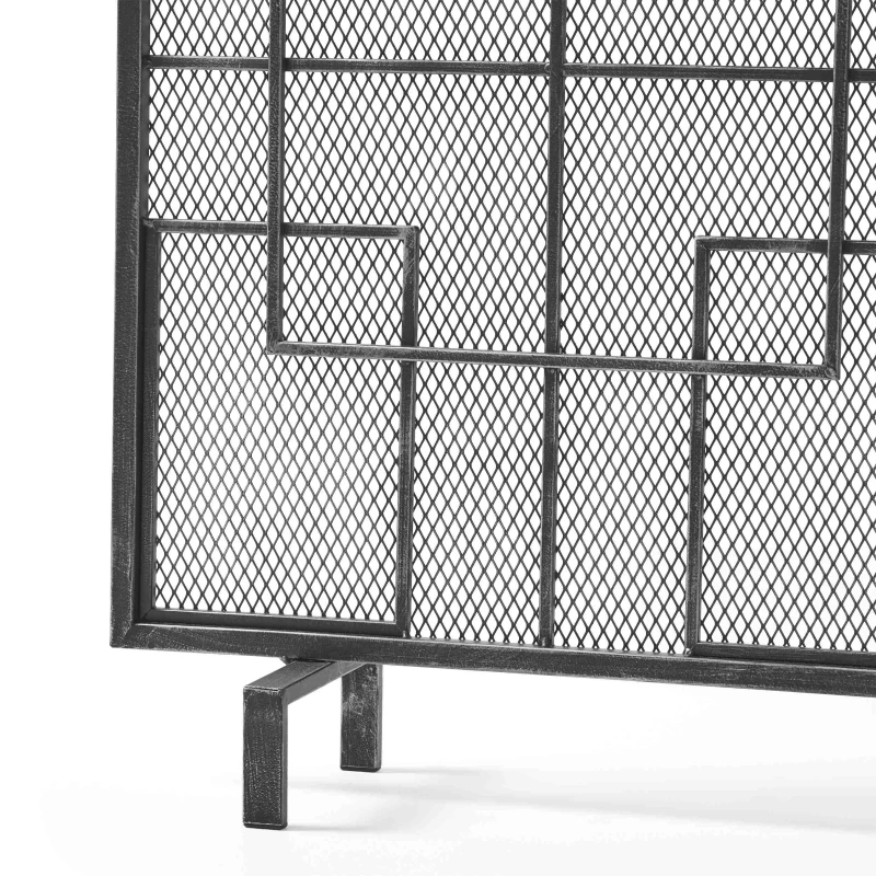 Modern Single Panel Decorative Fireplace Screen with Fine Mesh, Square Pattern, Easy Assembly, 41" L x 8" W x 30.75" H, Black+Silver Iron