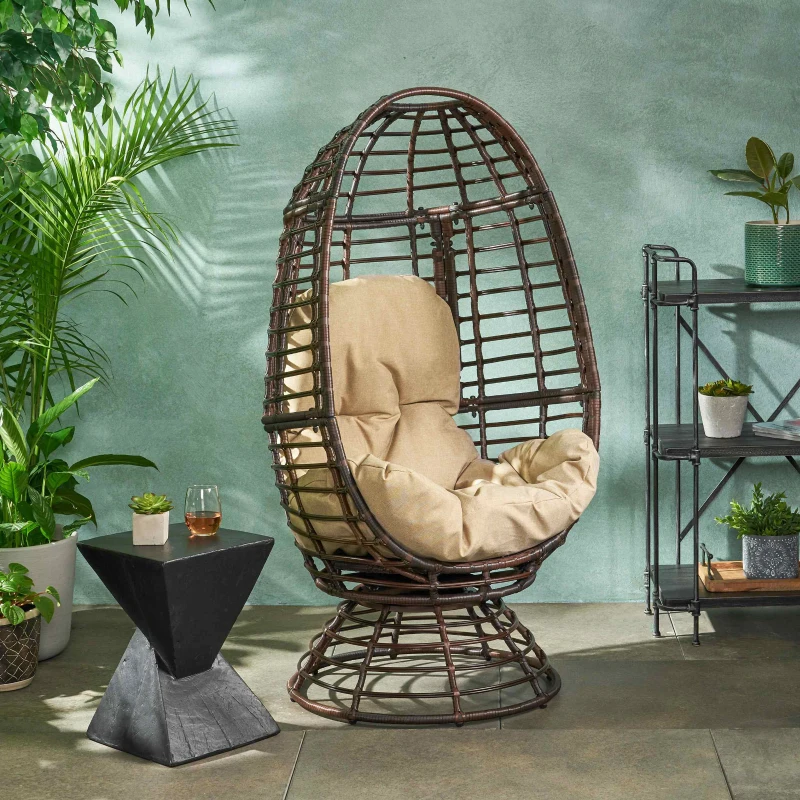Wicker Outdoor Patio Swivel Egg Chair with Basket Shape Design and Water-Resistant Cushions, 30.5" L x 28" W x 58" H, Black