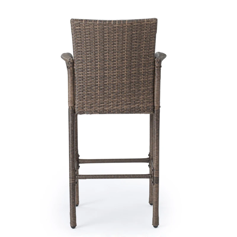 Outdoor Wicker Barstools Set of 2, Faux Rattan with Metal Frame, Weather Resistant, 24.8" L x 24.35" W x 46.5" H, Brown