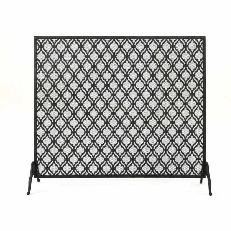 Modern Single Panel Iron Fireplace Screen with Durable Iron Frame, Rustproof Solid Free Standing Fire, 39.5" L x 11.25" W x 35" H, Black