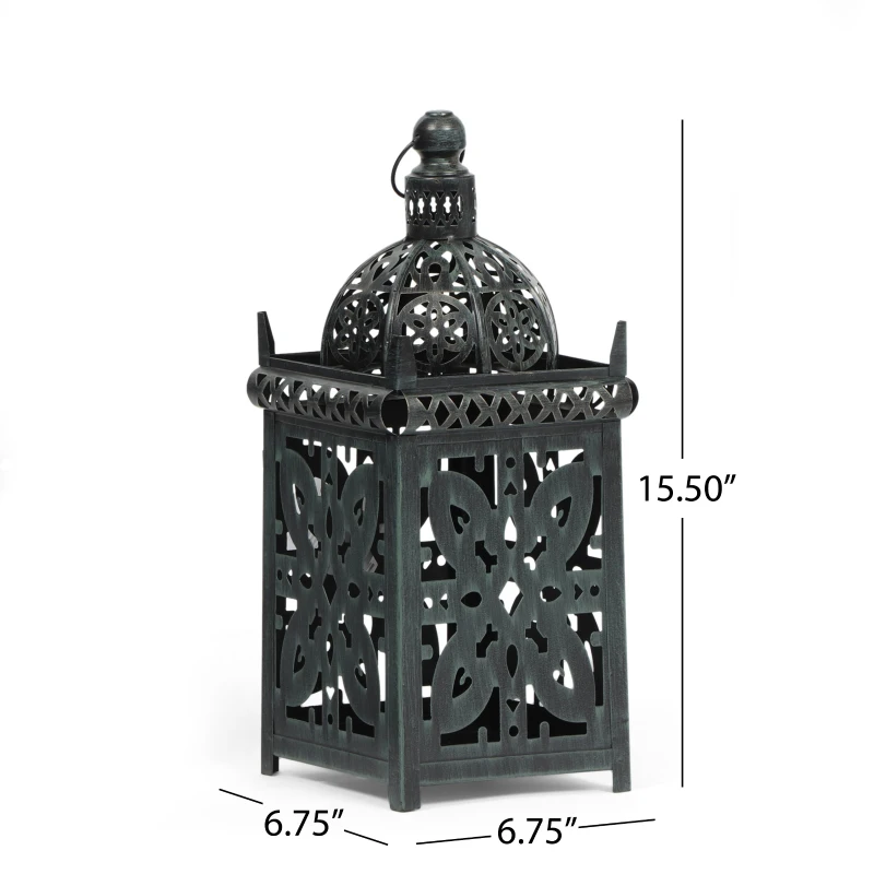 Handcrafted Iron Decorative Lantern with Black Patina Finish, Vintage Shabby Chic Design, 6.75" x 6.75" x 15.5", Black