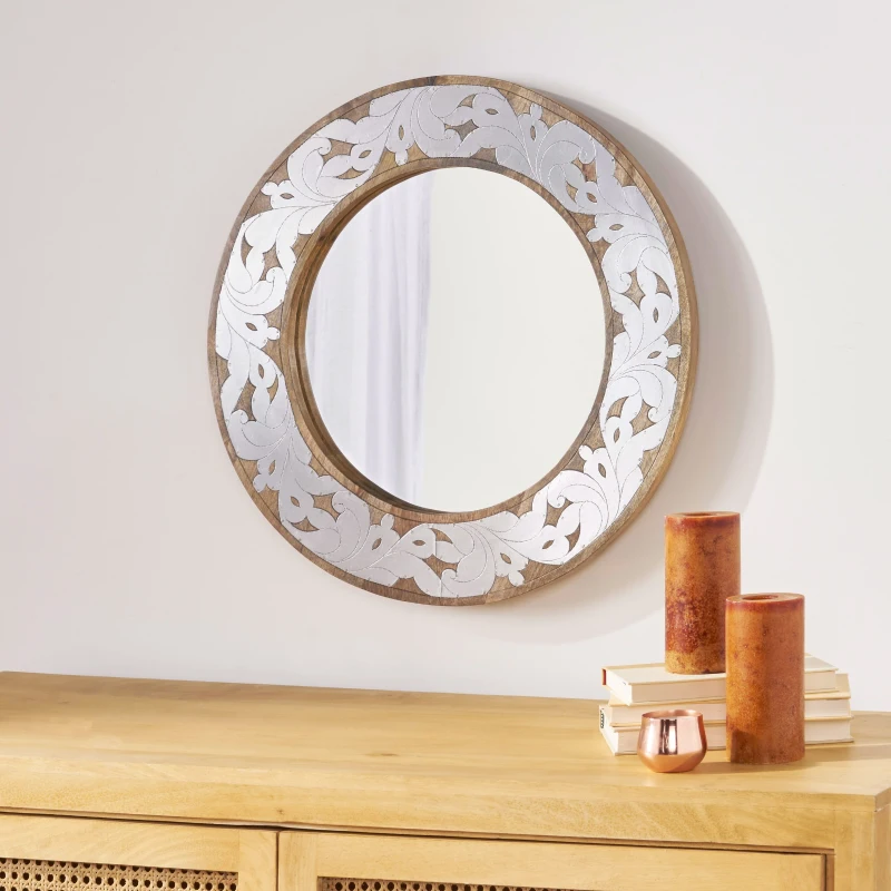 Handcrafted Mango Wood Round Mirror with Aluminum Fitted Floral Design, 22.5" L x 1" W x 22.5" H, Natural