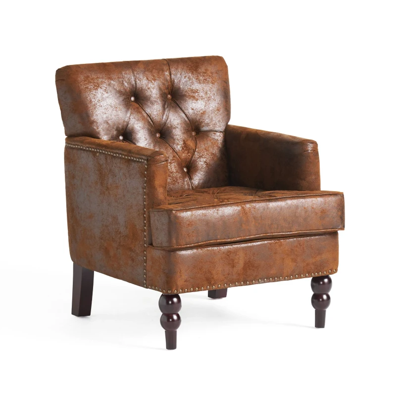 Modern Accent Tufted Club Chair with Rivet Design and Birch Wood Legs, Button Tufted Diamond Stitch, 28" L x 31.75" W x 35" H, Brown