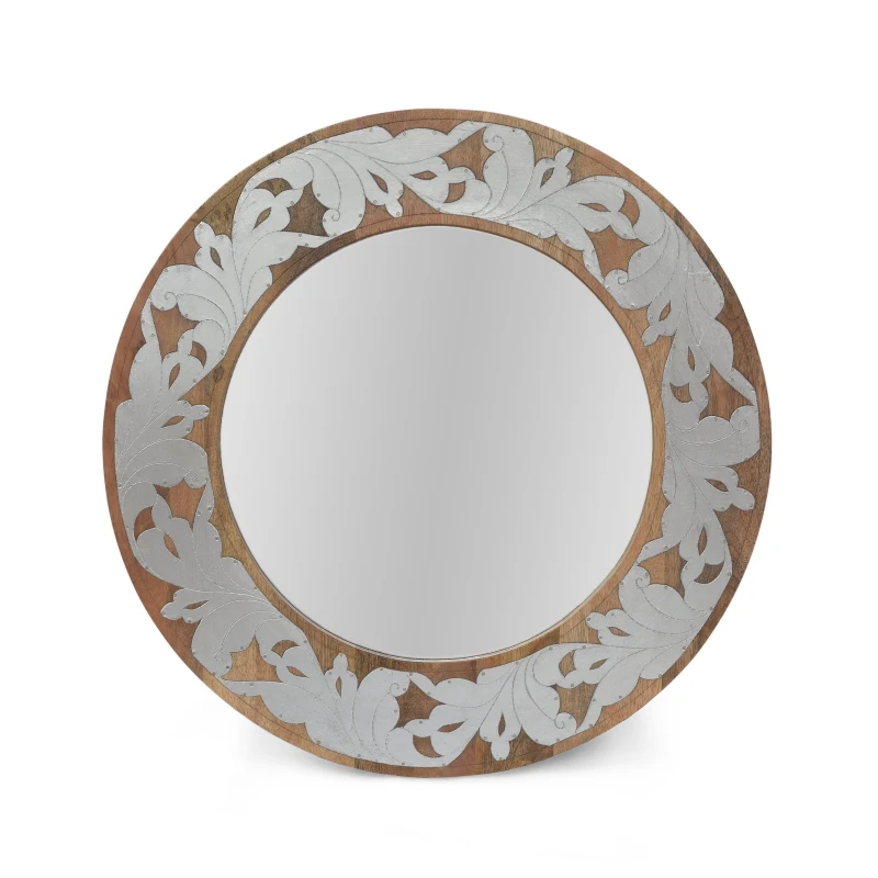 Handcrafted Mango Wood Round Mirror with Aluminum Fitted Floral Design, 22.5" L x 1" W x 22.5" H, Natural