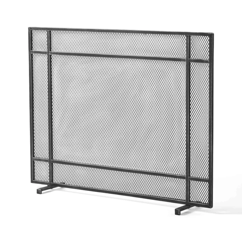 Modern Iron Fire Screen with Single Panel Design and Fine Mesh, Geometric Pattern, and Easy Assembly, 41" L x 9.75" W x 31.75" H, Black+Silver