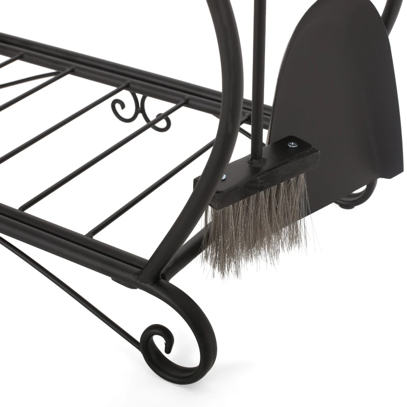 Traditional Fireplace Log Rack and Tool Set, Iron Construction with Shovel, Brush, Tongs, and Log Holder, 23.25" L x 11.75" W x 29.25" H, Matte Black