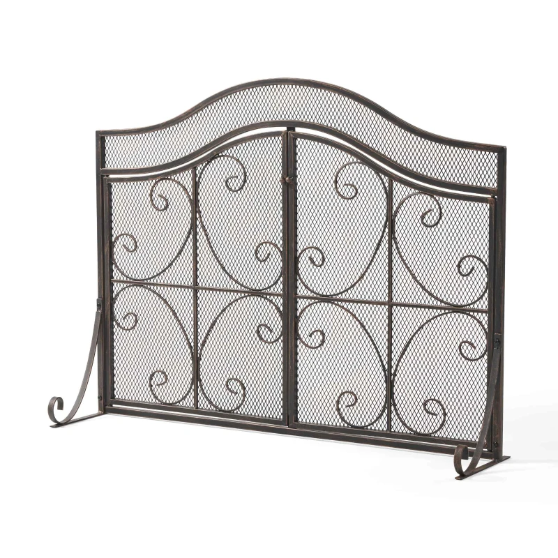 Modern Iron Fire Screen with Single Panel Design and Fine Mesh, Geometric Pattern, and Easy Assembly, 41" L x 9.75" W x 31.75" H, Black