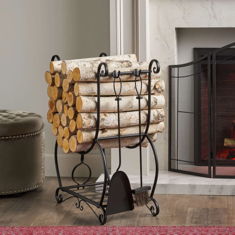 Traditional Fireplace Log Rack and Tool Set, Iron Construction with Shovel, Brush, Tongs, and Log Holder, 23.25" L x 11.75" W x 29.25" H, Matte Black