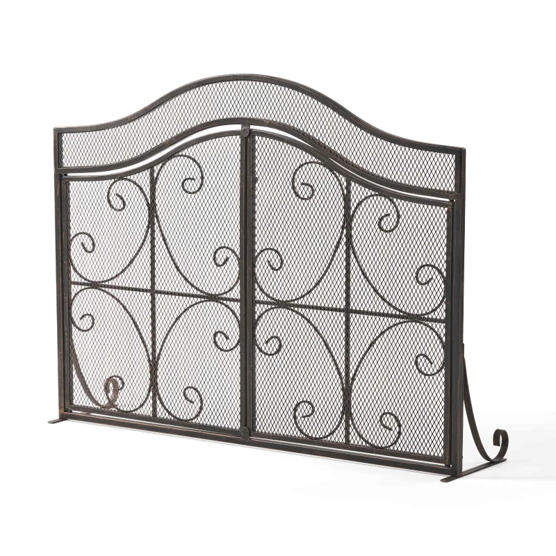 Modern Iron Fire Screen with Single Panel Design and Fine Mesh, Geometric Pattern, and Easy Assembly, 41" L x 9.75" W x 31.75" H, Black