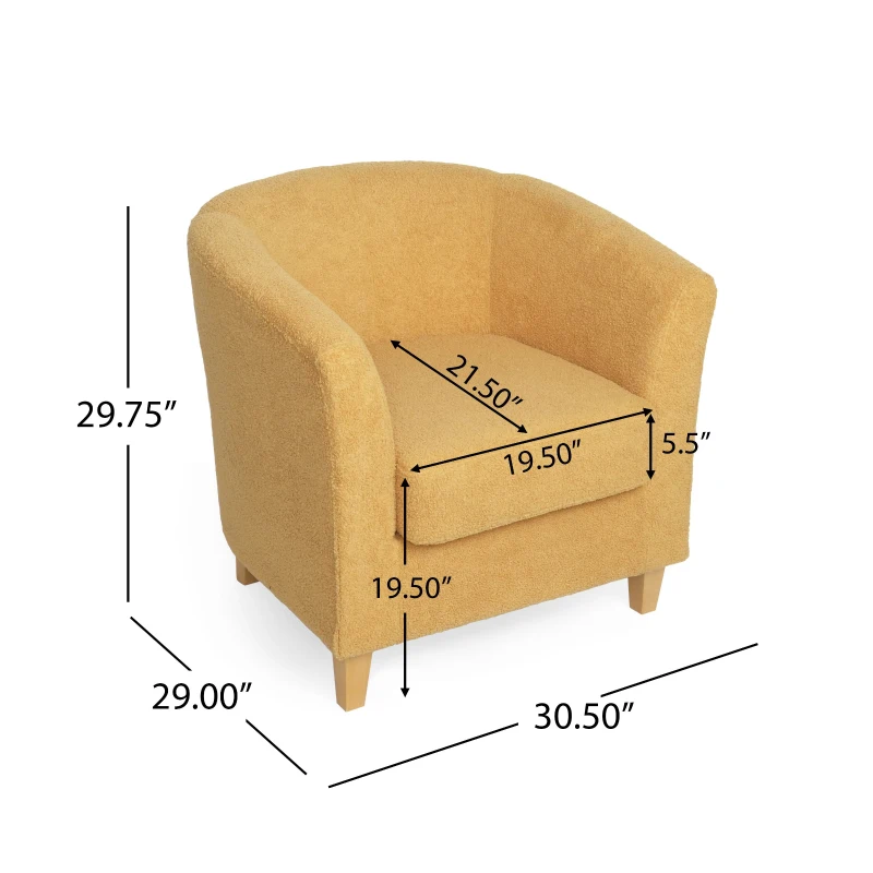 Contemporary Club Chair with Fabric Upholstery and Birch Wood Legs, Easy Assembly, 30.5"L x 29"W x 29.75"H, Mustard yellow