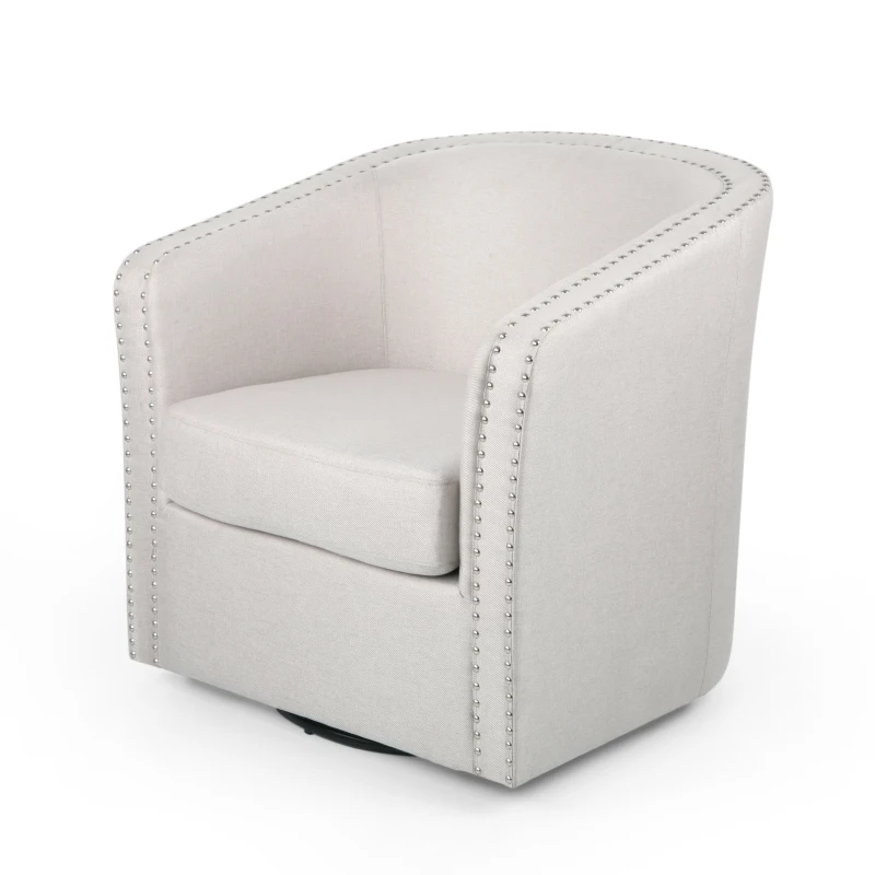 Barrel Style Upholstered Swivel Club Chair with Contemporary Design, Nailhead Trim, 31.25" L x 30.25" W x 31.25" H, Wheat