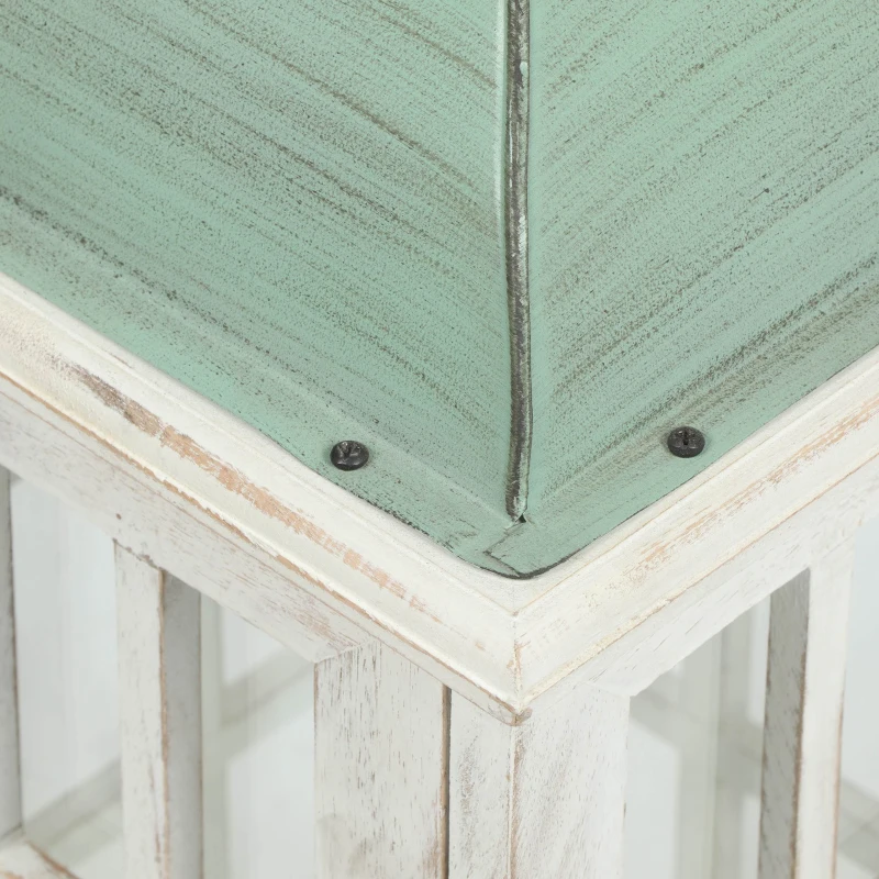 Handcrafted Mango Wood Decorative Lantern with Tempered Glass Panels, Coastal Finish, and Iron Handle, 10.25" L x 10.25" W x 24.5" H, White+Green