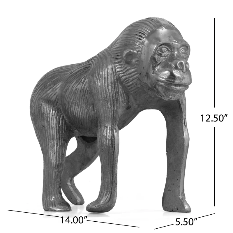 Handcrafted Aluminum Ape Figurine with Polished Silver Finish, Detailed Fur and Facial Features, 14" L x 5.5" W x 12.5" H, Gray