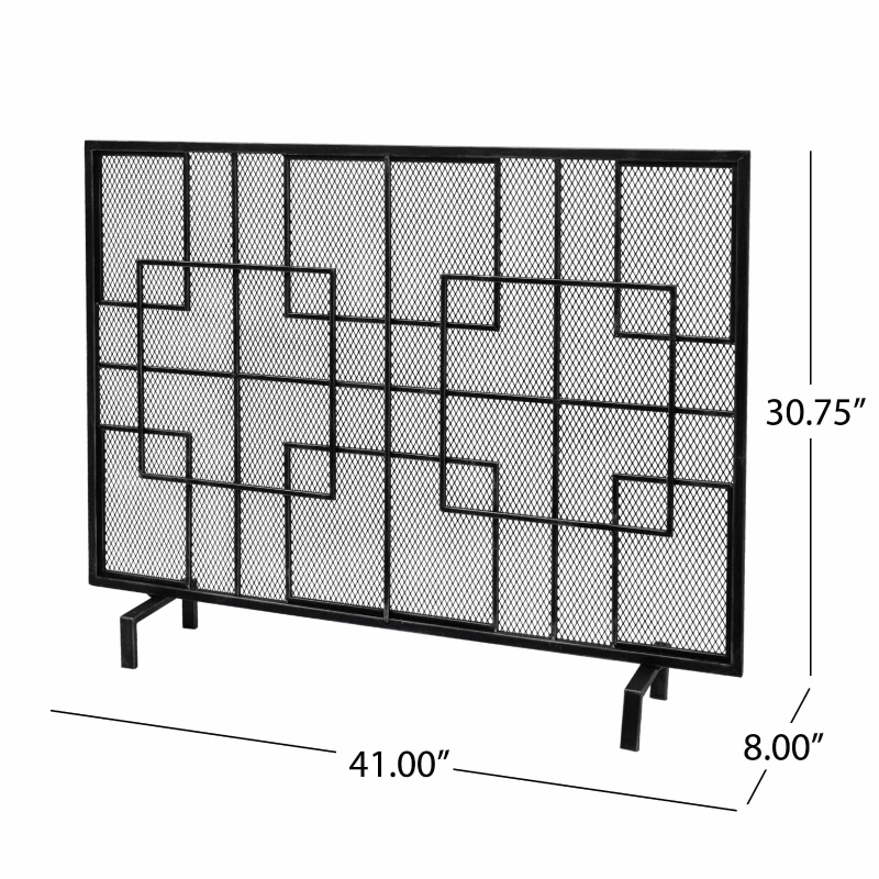 Modern Single Panel Decorative Fireplace Screen with Fine Mesh, Square Pattern, Easy Assembly, 41" L x 8" W x 30.75" H, Black+Silver Iron