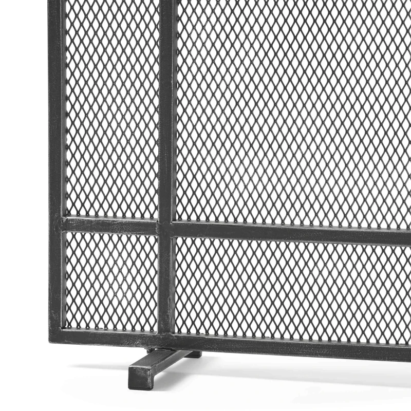 Modern Iron Fire Screen with Single Panel Design and Fine Mesh, Geometric Pattern, and Easy Assembly, 41" L x 9.75" W x 31.75" H, Black+Silver