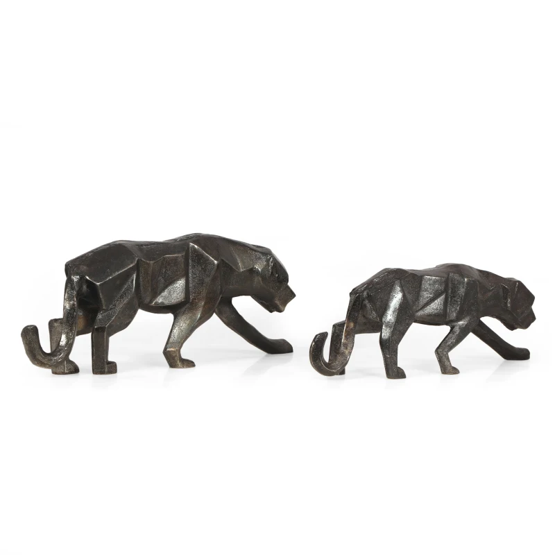 Handcrafted Aluminum Leopard Figurine Set, Sleek Geometric Design, Polished Black Finish, 2.5" L x 12" W x 5" H, Black