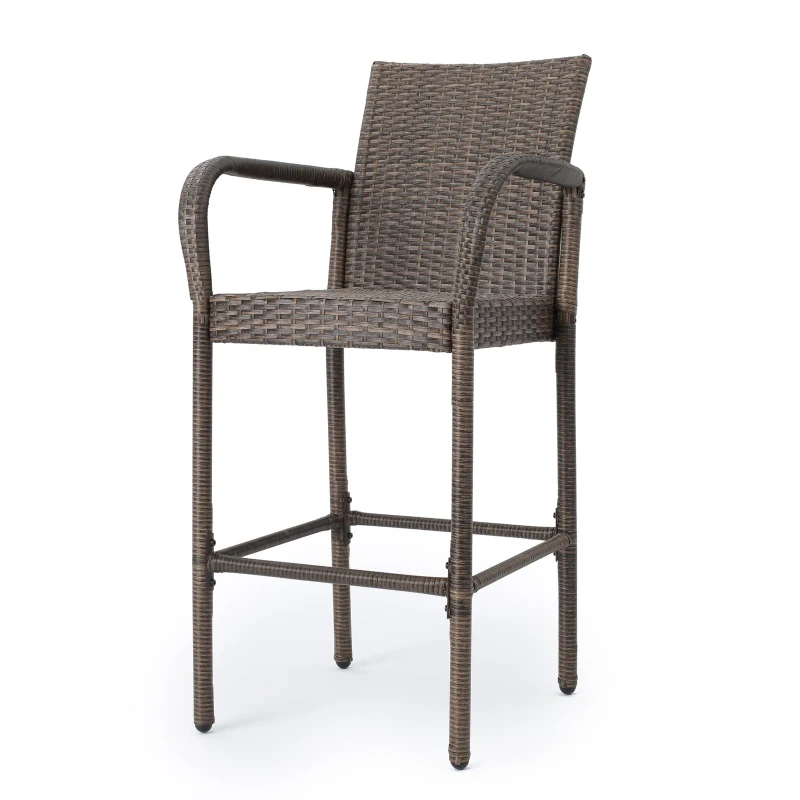 Outdoor Wicker Barstools Set of 2, Faux Rattan with Metal Frame, Weather Resistant, 24.8" L x 24.35" W x 46.5" H, Brown