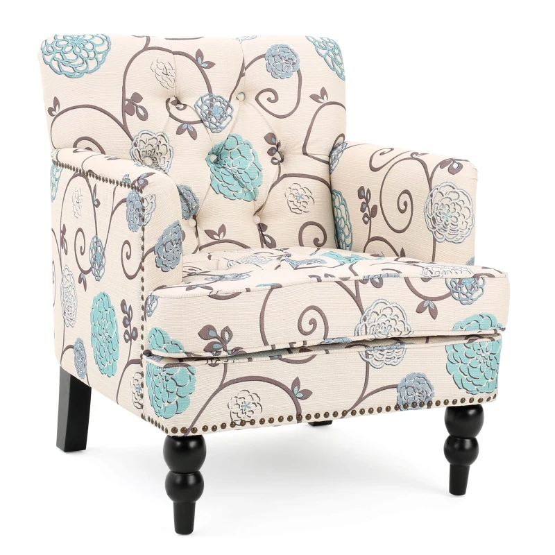 Contemporary Tufted Club Chair with Button Tufted Diamond Stitch, Nailhead Accents, Birch Wood Legs, 28" L x 31.75" W x 35" H, White+Blue