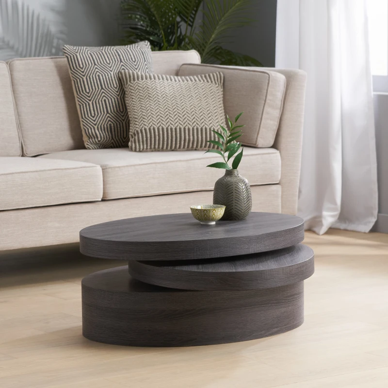Vinsetto Modern Rotating Coffee Table with 3-Layer Oval Design and Swivel Top, Sturdy Plywood Construction, 31.5" x 23.75" x 13", Black