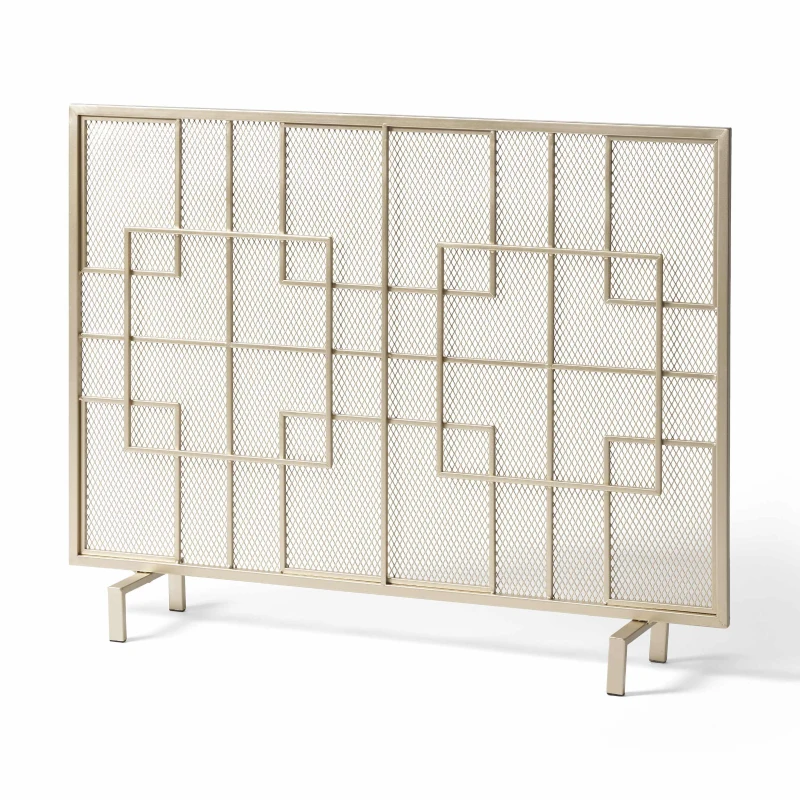 Modern Iron Fire Screen with Single Panel Design and Fine Mesh, Geometric Pattern, and Easy Assembly, 41" L x 8" W x 30.75" H, Gold