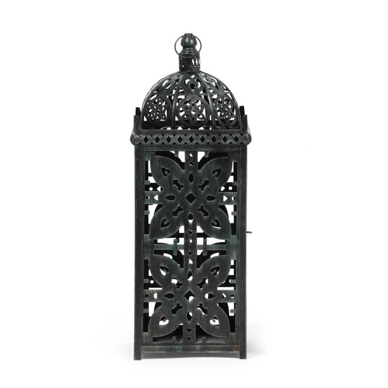 Large Indian Style Lantern with Green Patina and Black Finish, Hand-Crafted Iron, 8.25" L x 8.25" W x 23.25" H, Black